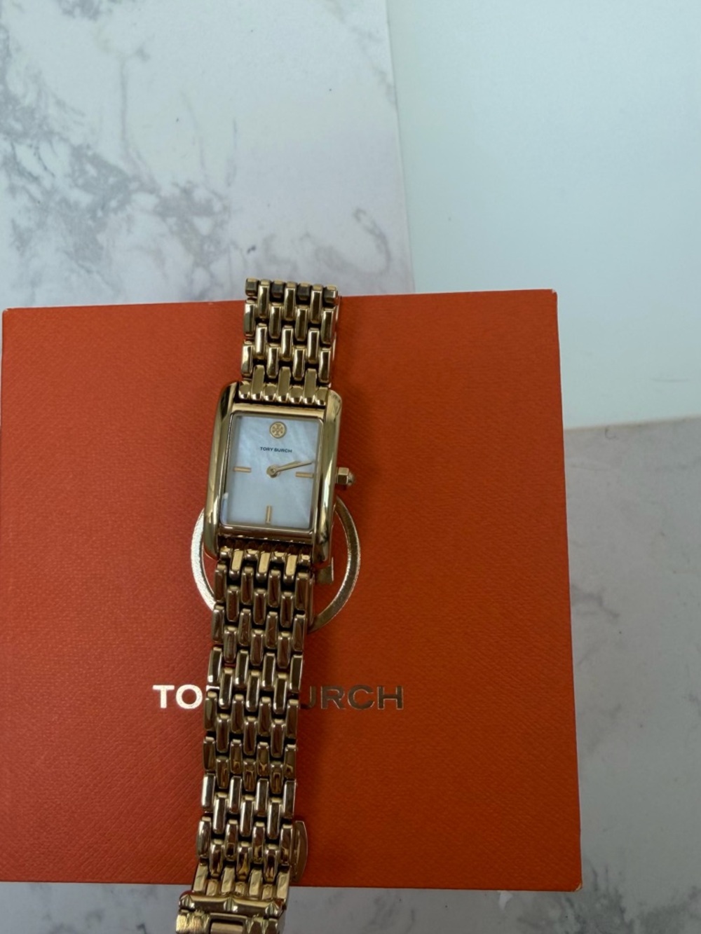 Tory Burch Gold-Tone Rectangular Mother-of-Pearl Bracelet Watch - Picture 3 of 6